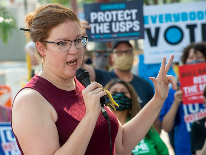 (Rick Egan | The Salt Lake Tribune) Heather Matheson, from Alliance for a Better Utah, speaks to protesters during a rally to "Save the Post Office," hosted by Alliance for a Better Utah, NAACP Salt Lake Branch, League of Women Voters at the Post Office on 200 South in Salt Lake City, Saturday, Aug. 22, 2020.