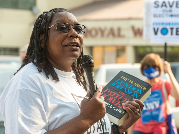 (Rick Egan | The Salt Lake Tribune) Darlene McDonald, speaks to protesters during a rally to "Save the Post Office," hosted by Alliance for a Better Utah, NAACP Salt Lake Branch, League of Women Voters at the Post Office on 200 South in Salt Lake City, Saturday, Aug. 22, 2020.